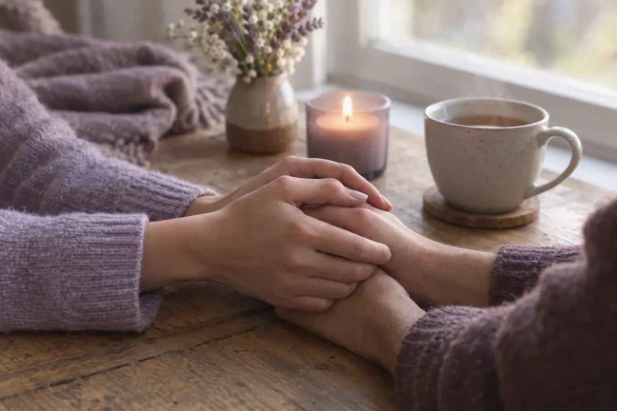 Two people holding hands at a table beside a lit candle